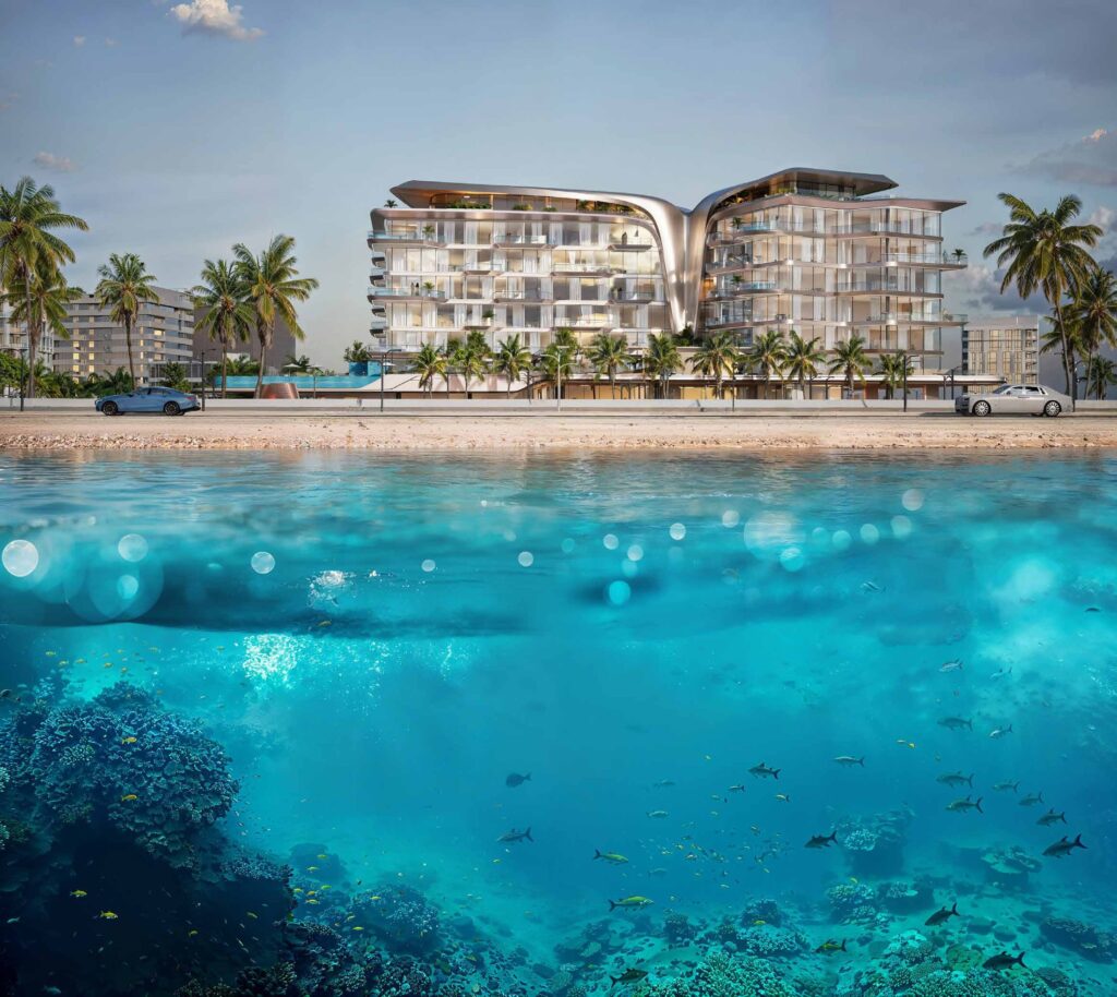 DO Hotels and Residences seen from the sea with a split underwater view, Dubai Islands