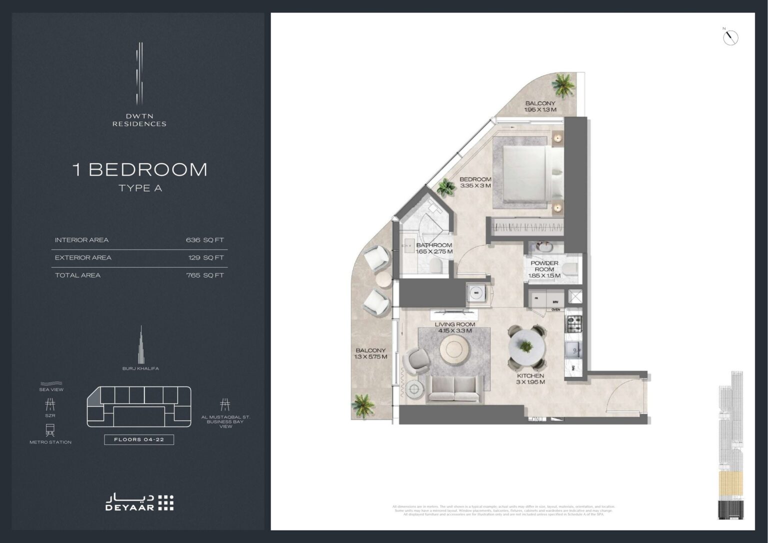 DWTN Residences 1 bedroom Type A floor plan, Business Bay, Dubai