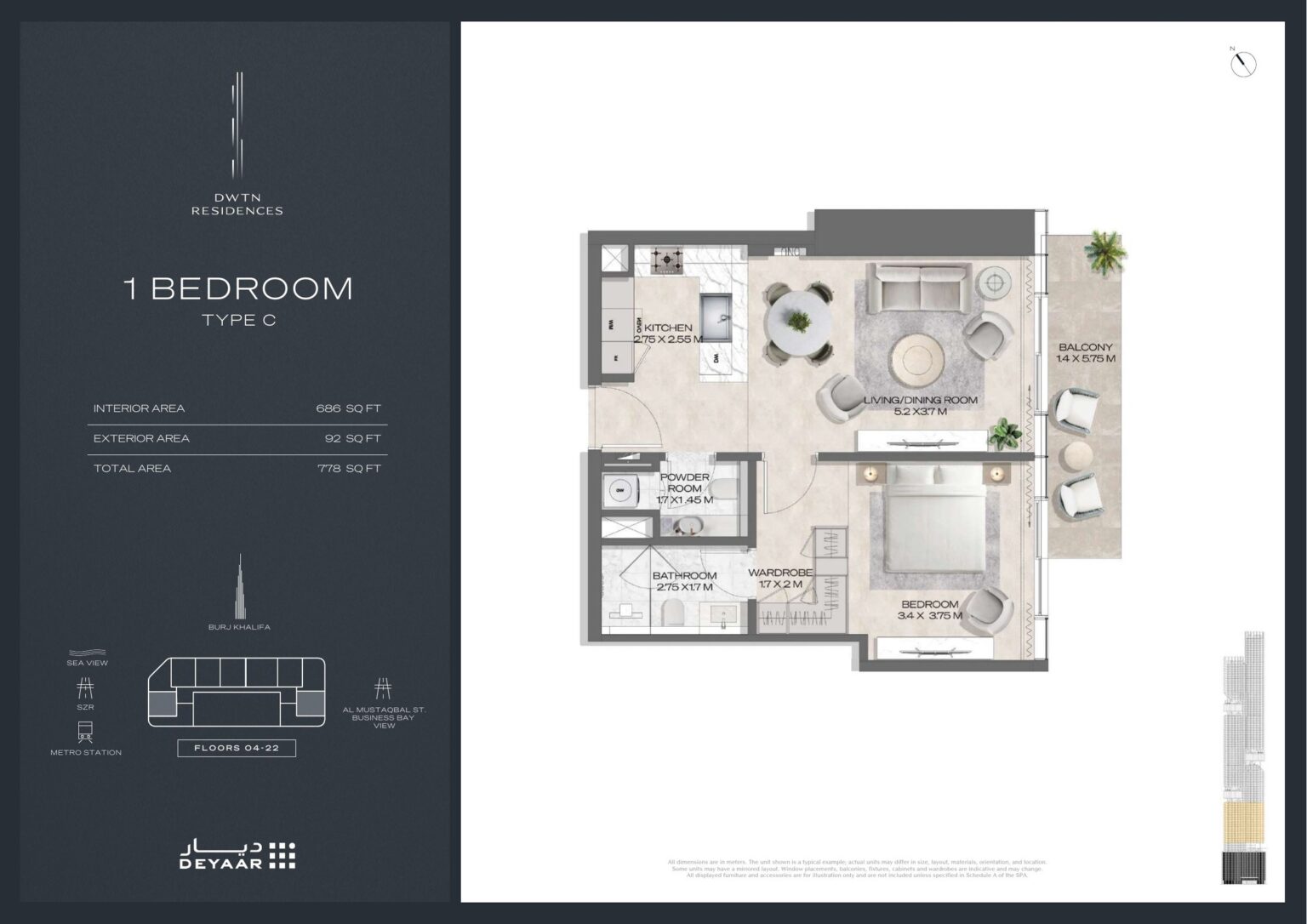 DWTN Residences 1 bedroom Type C floor plan, Business Bay, Dubai