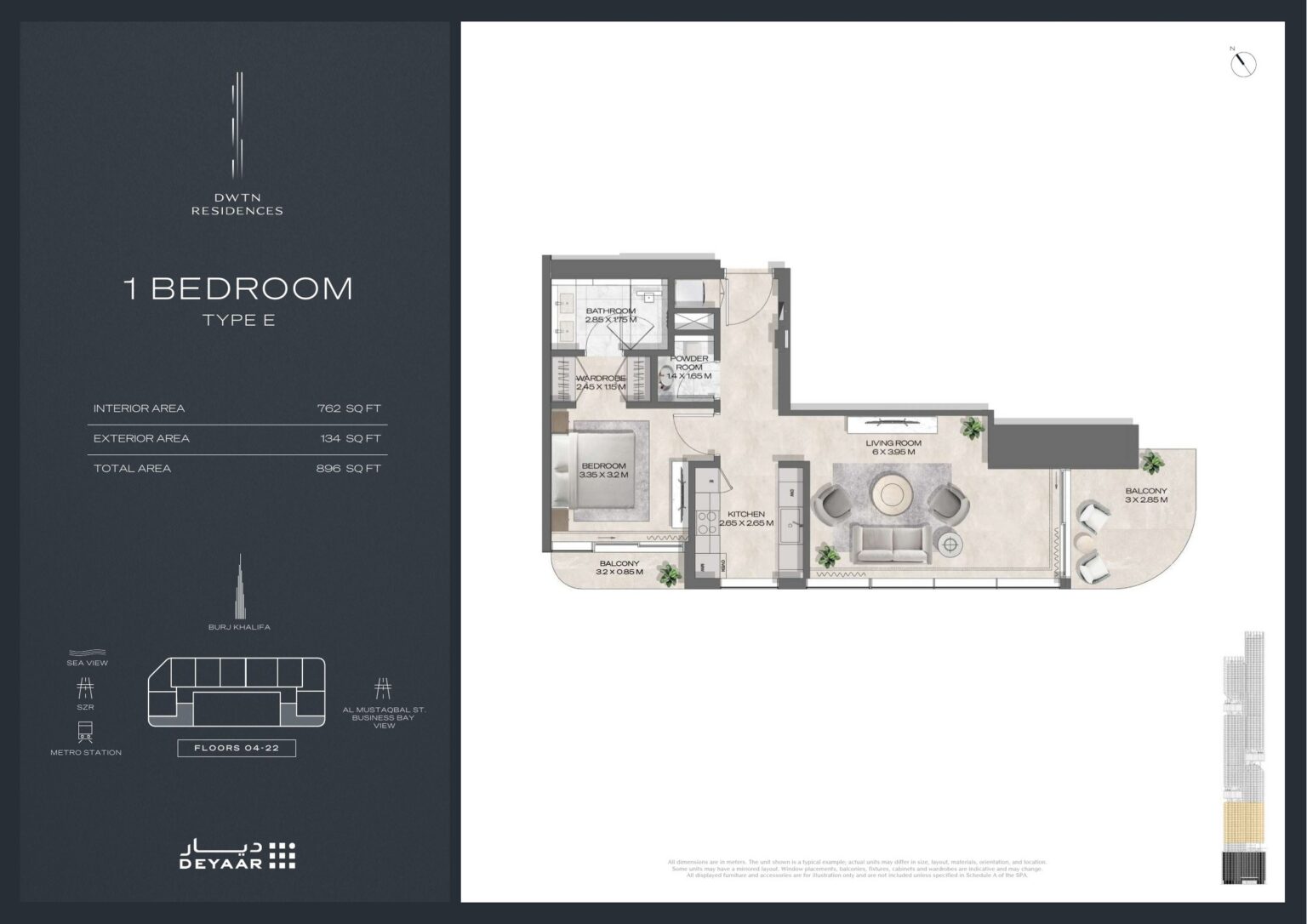 DWTN Residences 1 bedroom Type E floor plan, Business Bay, Dubai