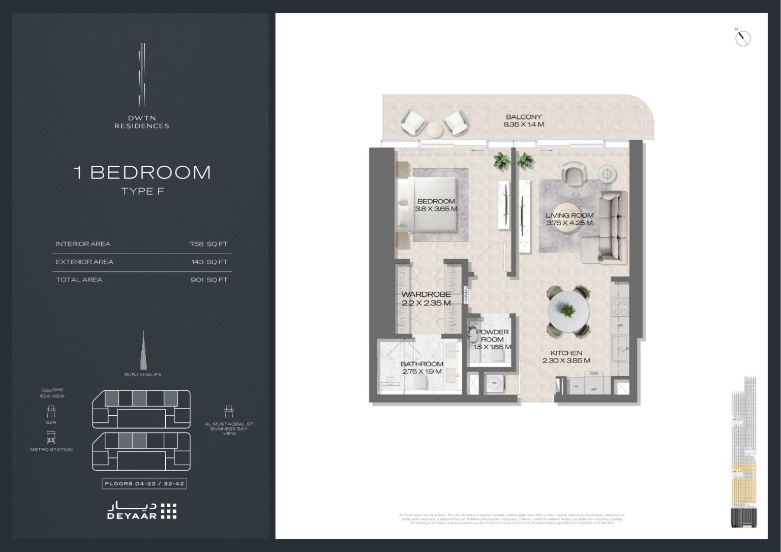 DWTN Residences 1 bedroom Type F floor plan, Business Bay, Dubai