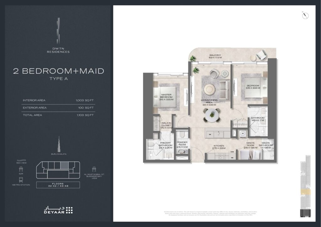 DWTN Residences - Floorplans - 2 Bedroom Maid Type A