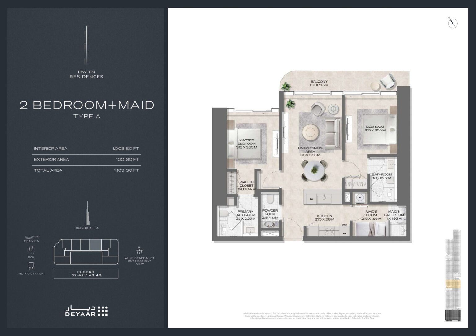 DWTN Residences 2 bedroom with maid's room Type A floor plan, Business Bay, Dubai
