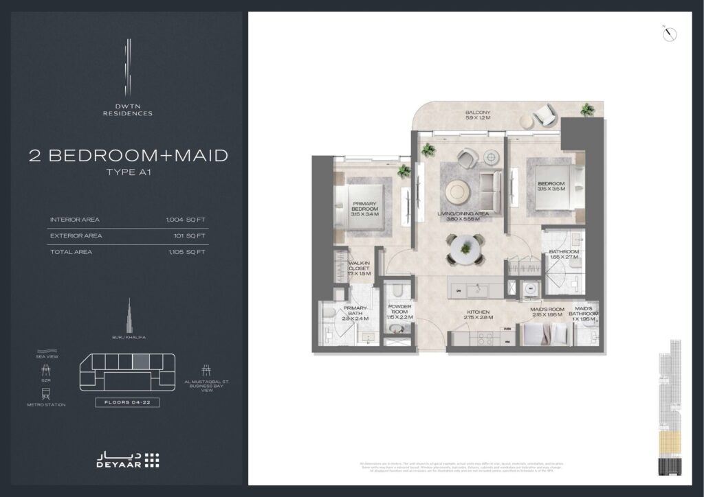 DWTN Residences - Floorplans - 2 Bedroom Maid Type A1
