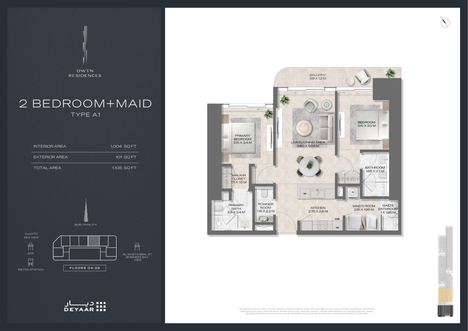 DWTN Residences 2 bedroom with maid's room Type A1 floor plan, Business Bay, Dubai