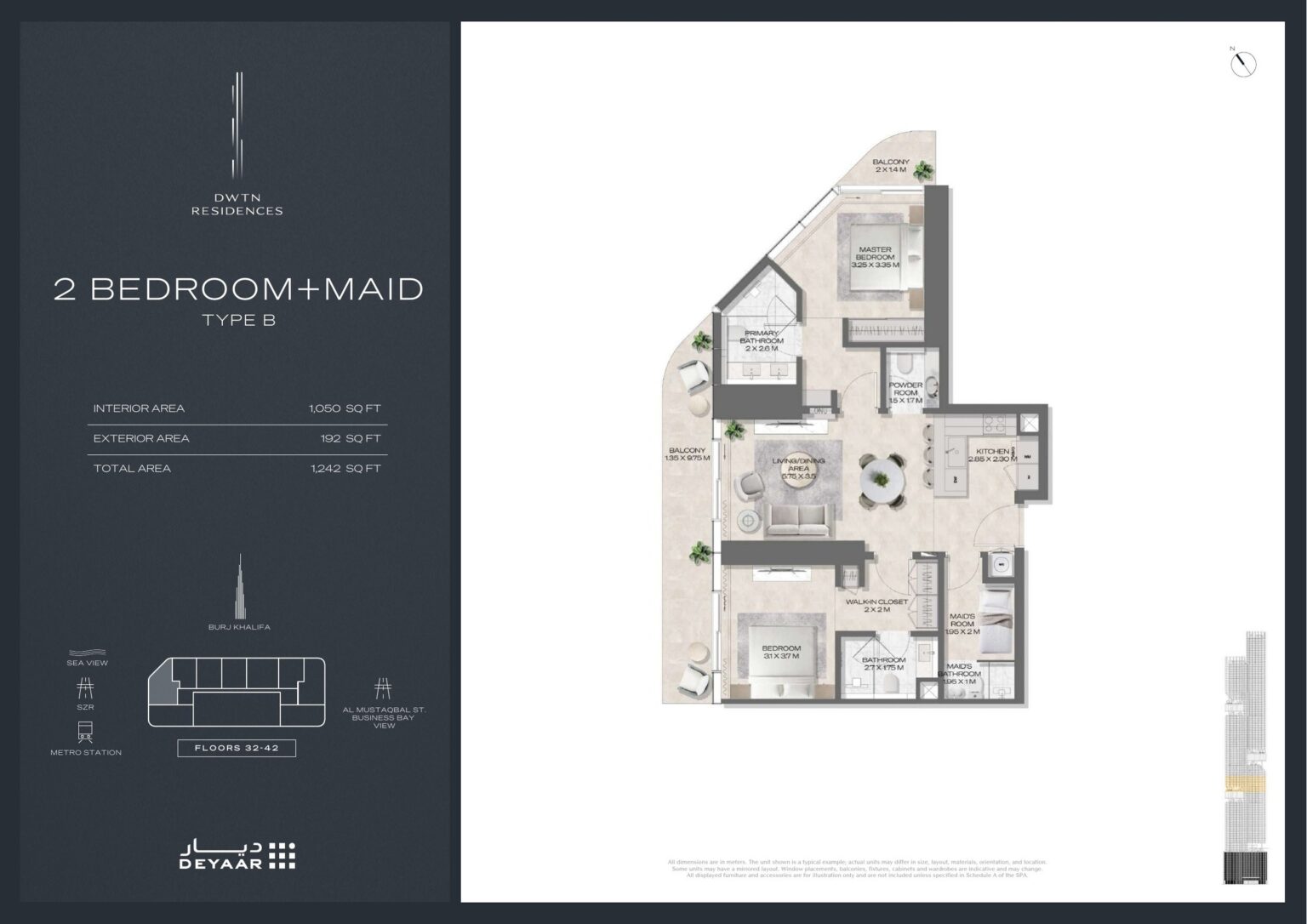 DWTN Residences 2 bedroom with maid's room Type B floor plan, Business Bay, Dubai