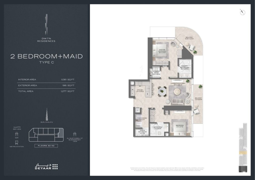 DWTN Residences - Floorplans - 2 Bedroom Maid Type C