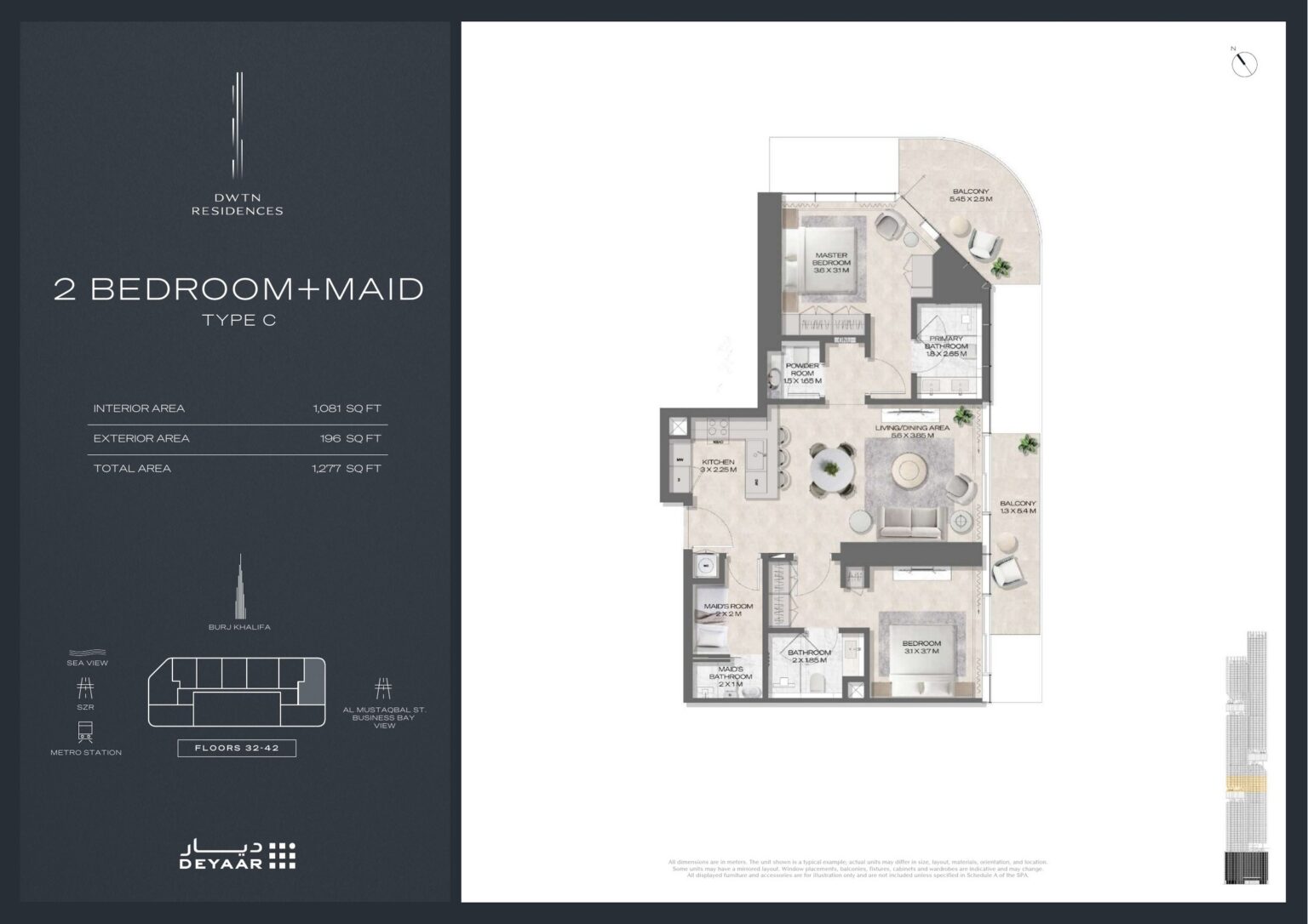 DWTN Residences 2 bedroom with maid's room Type C floor plan, Business Bay, Dubai