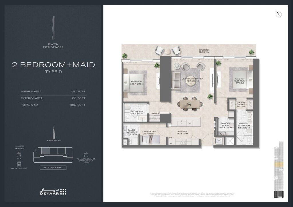 DWTN Residences - Floorplans - 2 Bedroom Maid Type D