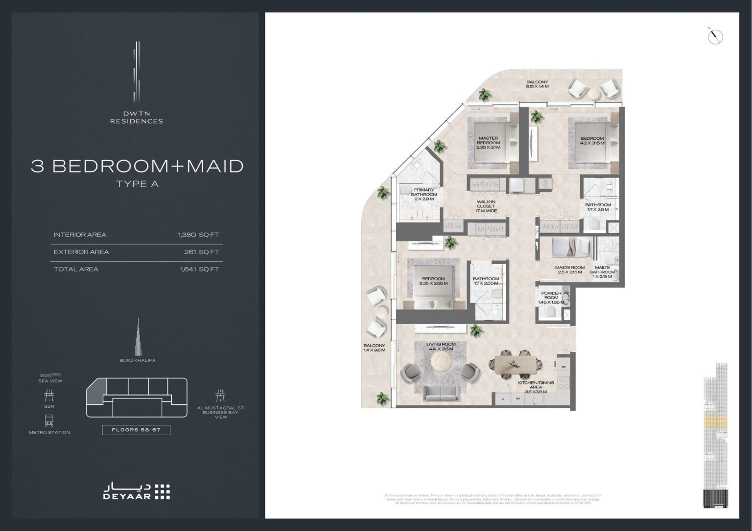 DWTN Residences 3 bedroom with maid's room Type A floor plan, Business Bay, Dubai