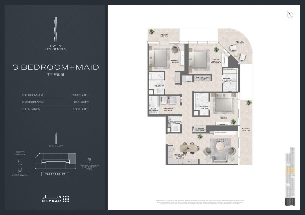 DWTN Residences - Floorplans - 3 Bedroom Maid Type B