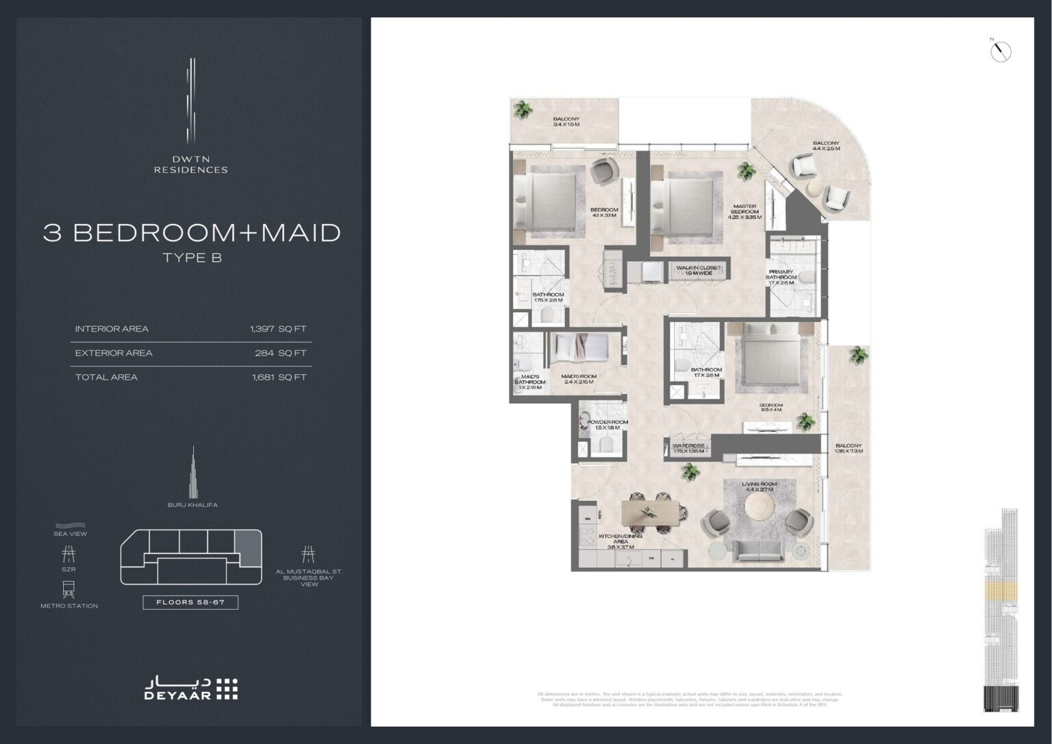 DWTN Residences 3 bedroom with maid's room Type B floor plan, Business Bay, Dubai