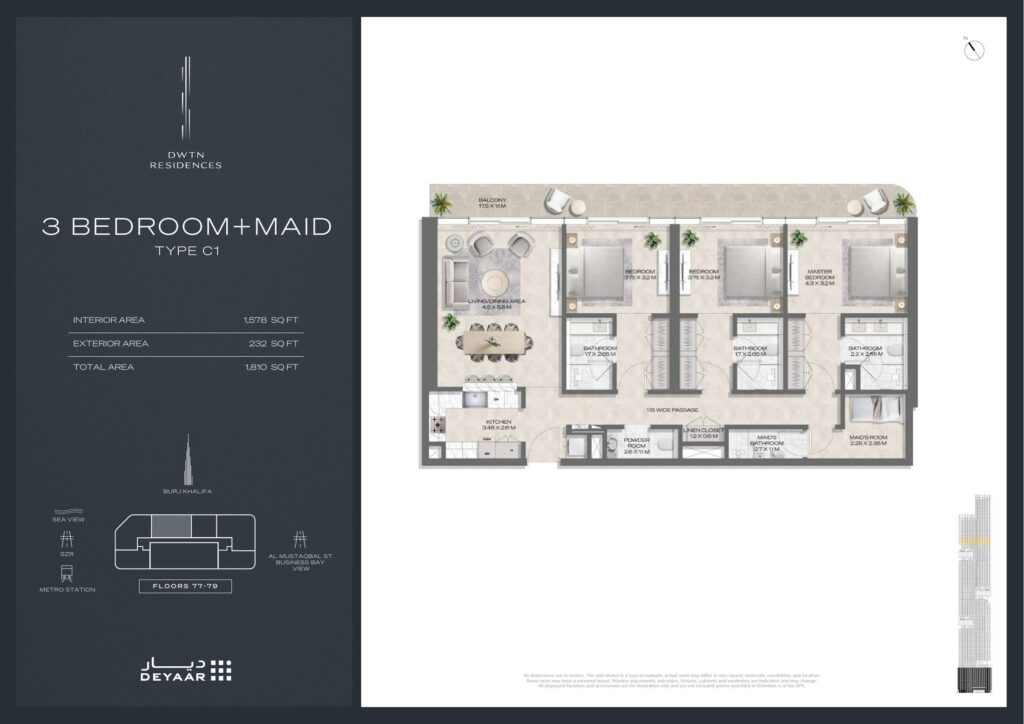 DWTN Residences - Floorplans - 3 Bedroom Maid Type C1