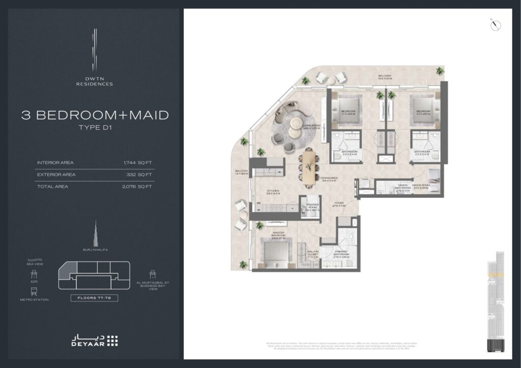 DWTN Residences - Floorplans - 3 Bedroom Maid Type D1
