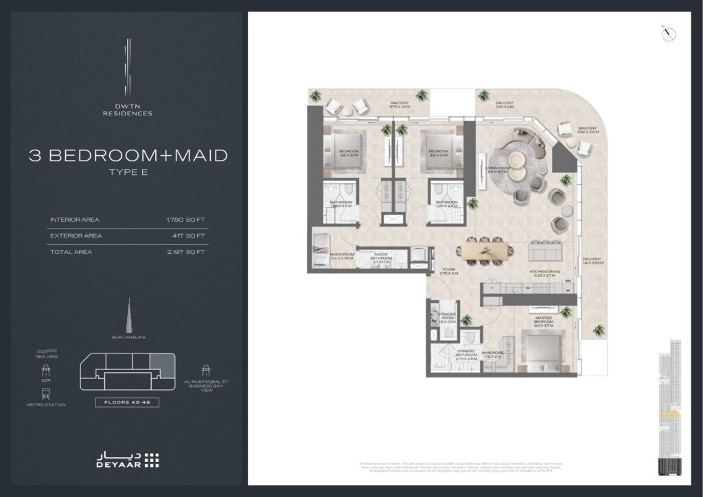 DWTN Residences - Floorplans - 3 Bedroom Maid Type E