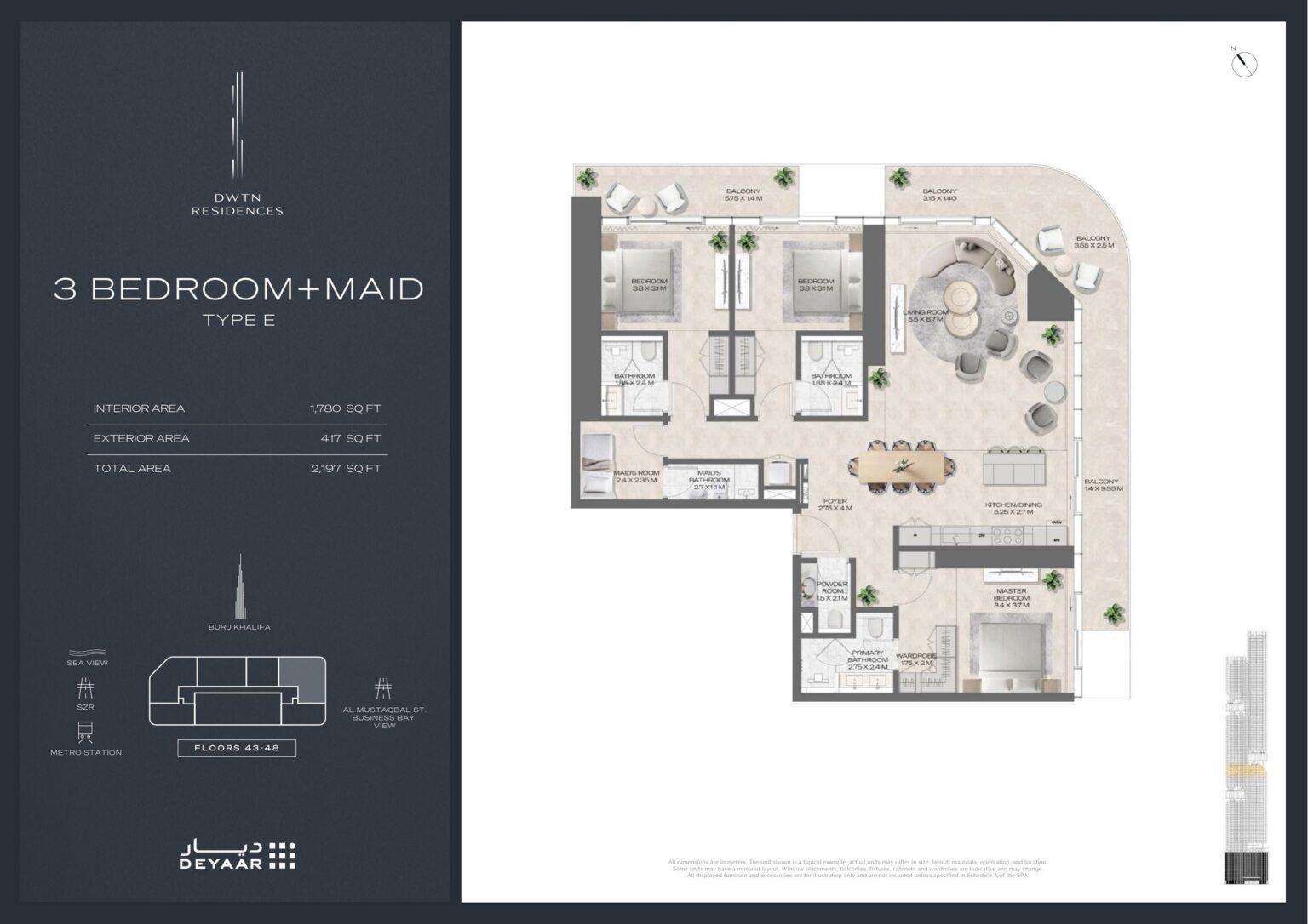 DWTN Residences 3 bedroom with maid's room Type E floor plan, Business Bay, Dubai