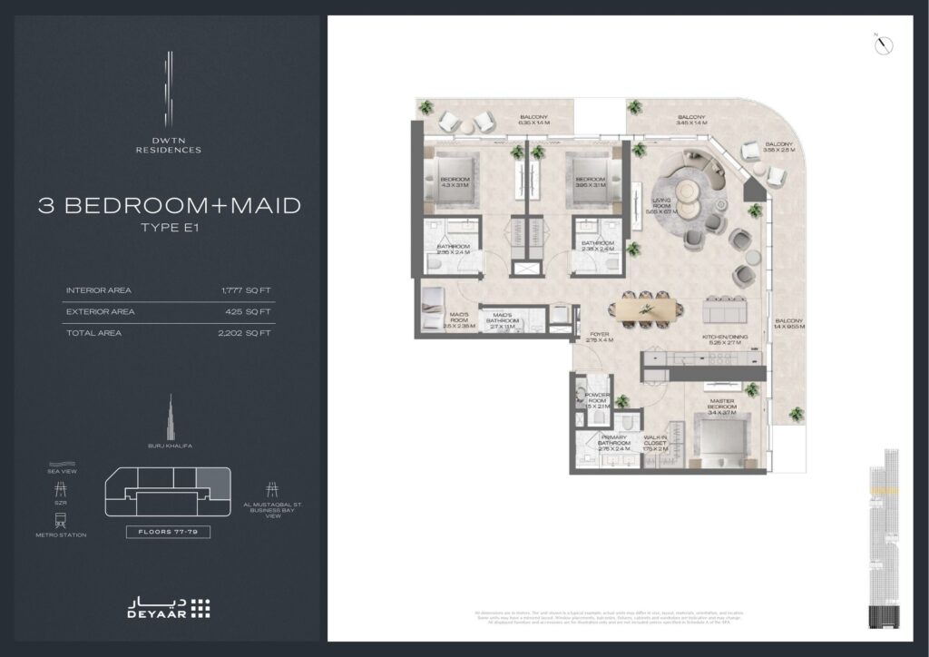 DWTN Residences - Floorplans - 3 Bedroom Maid Type E1