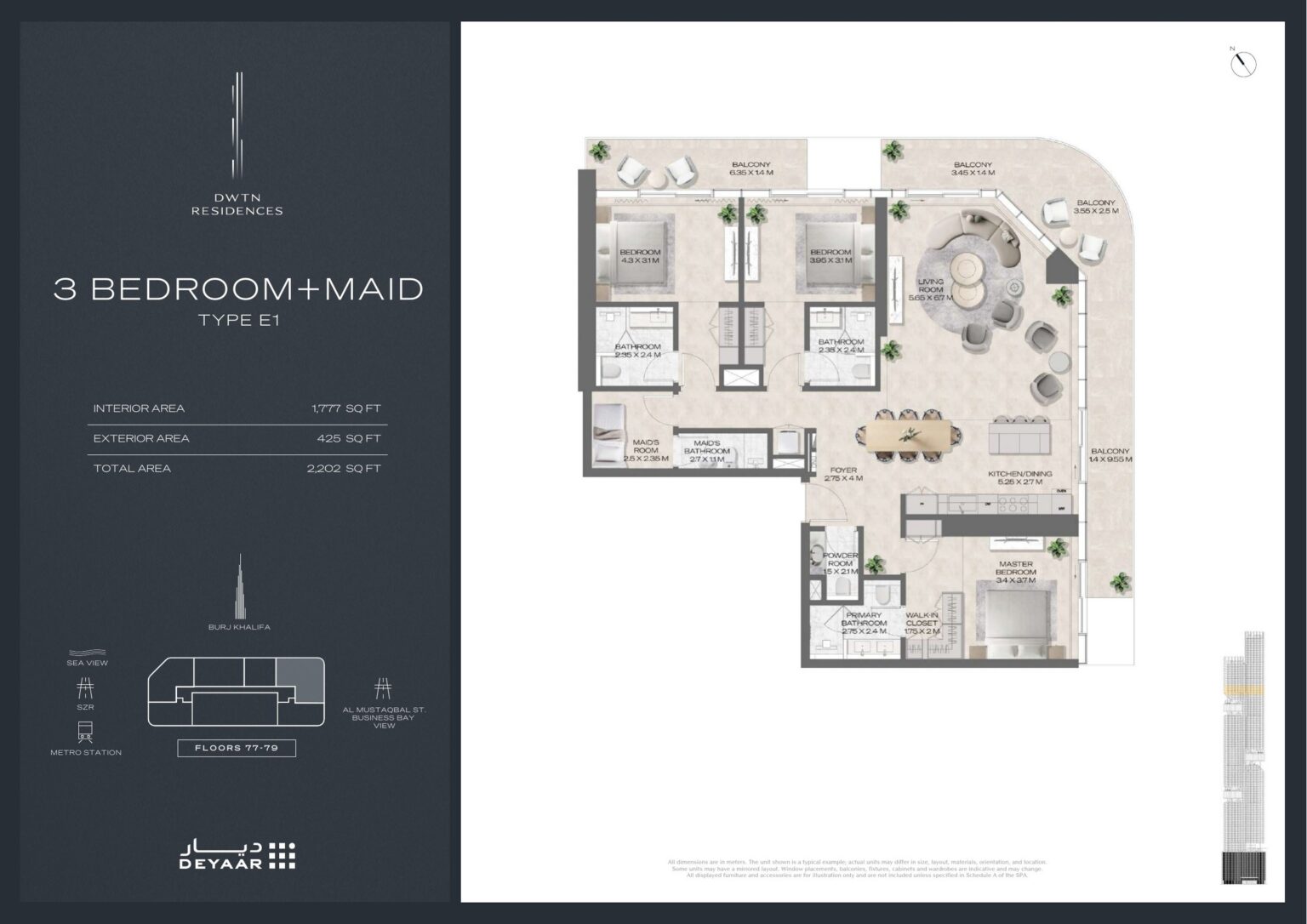 DWTN Residences 3 bedroom with maid's room Type E1 floor plan, Business Bay, Dubai