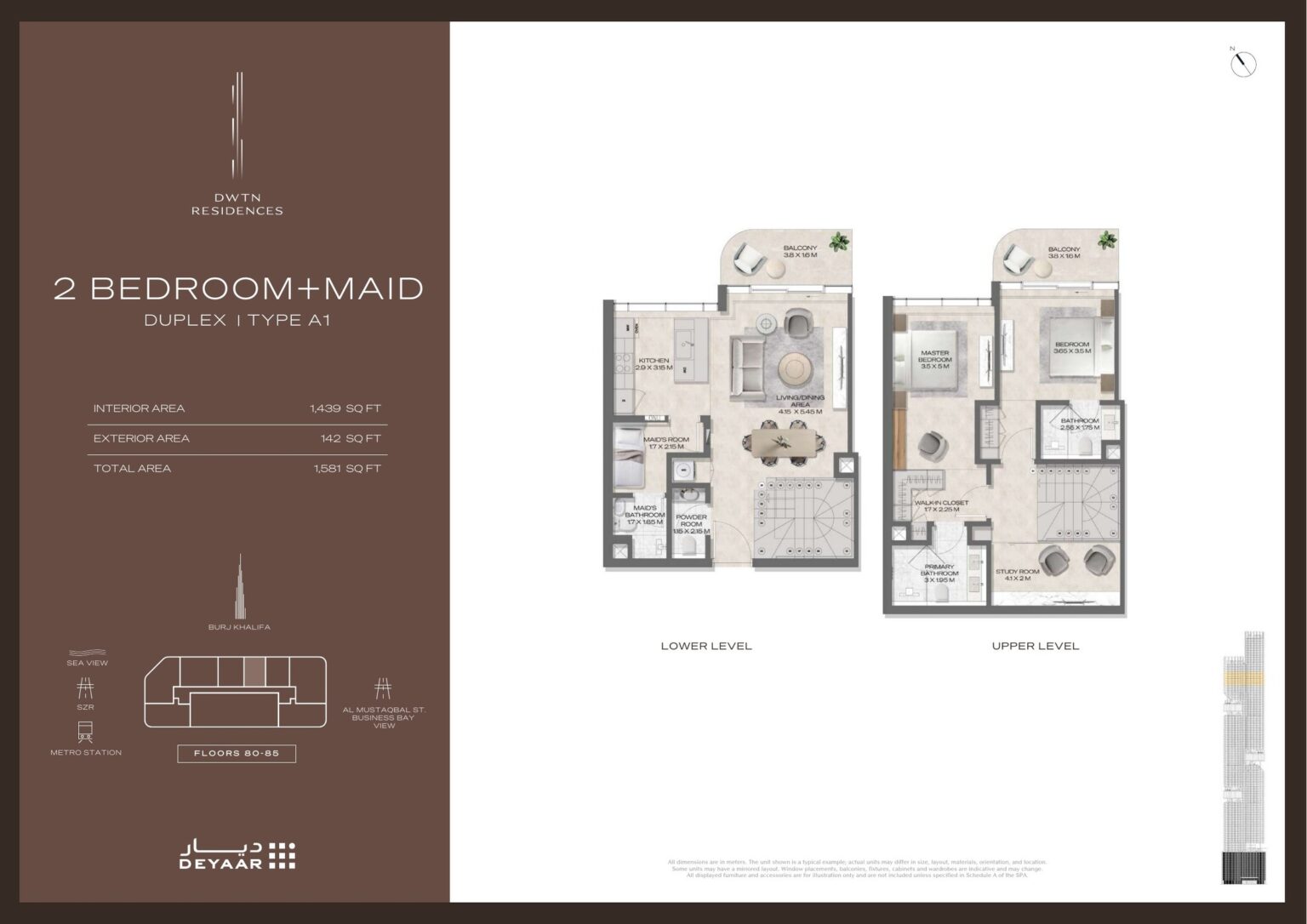 DWTN Residences Duplex 2 bedroom with maid's room Type A1 floor plan, Business Bay, Dubai