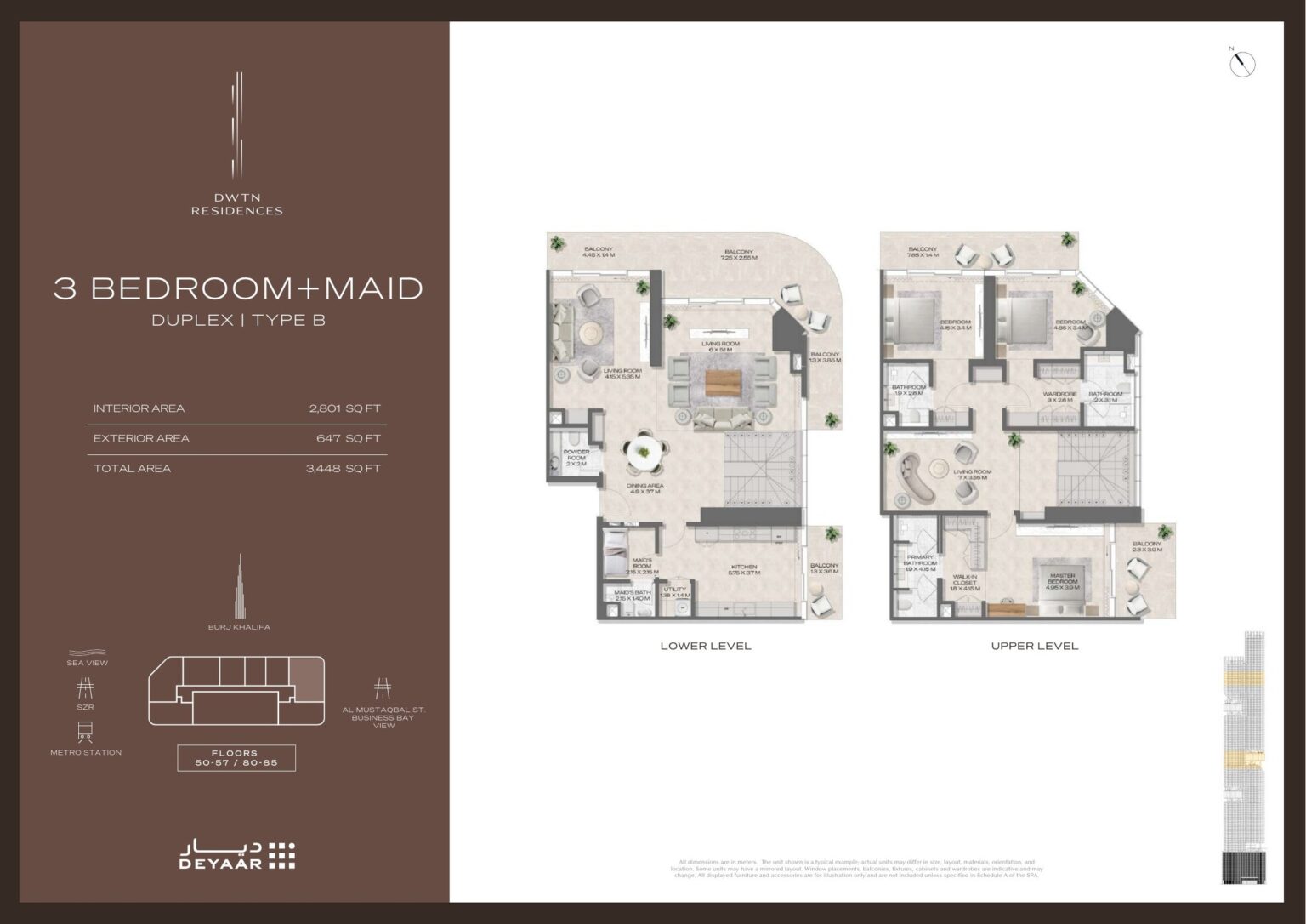 DWTN Residences Duplex 3 bedroom with maid's room Type B floor plan, Business Bay, Dubai