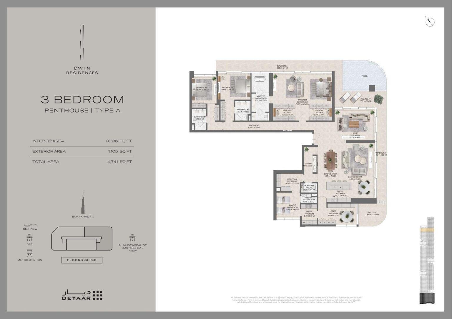 DWTN Residences Penthouse 3 bedroom Type A floor plan, Business Bay, Dubai
