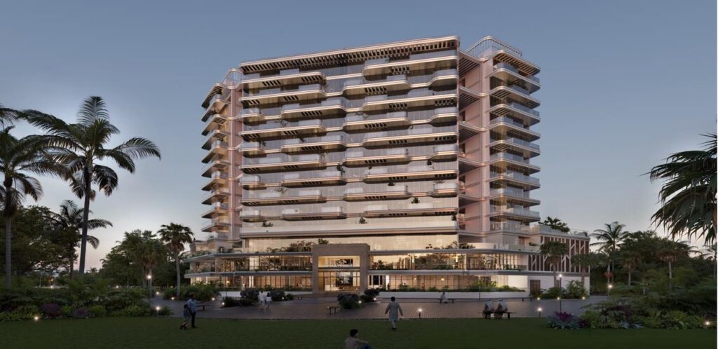 DreamLife Residences building at dusk with palm trees, Dubai Islands