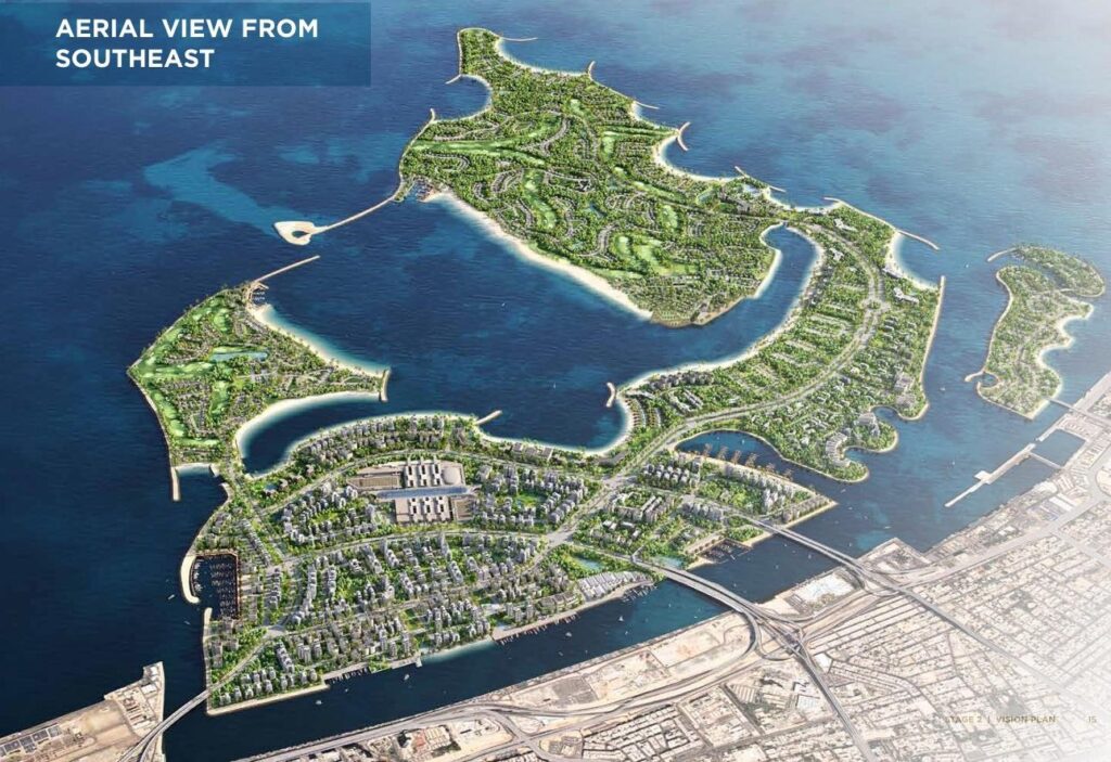 Aerial view of Dubai Islands from the southeast, site of DreamLife Residences