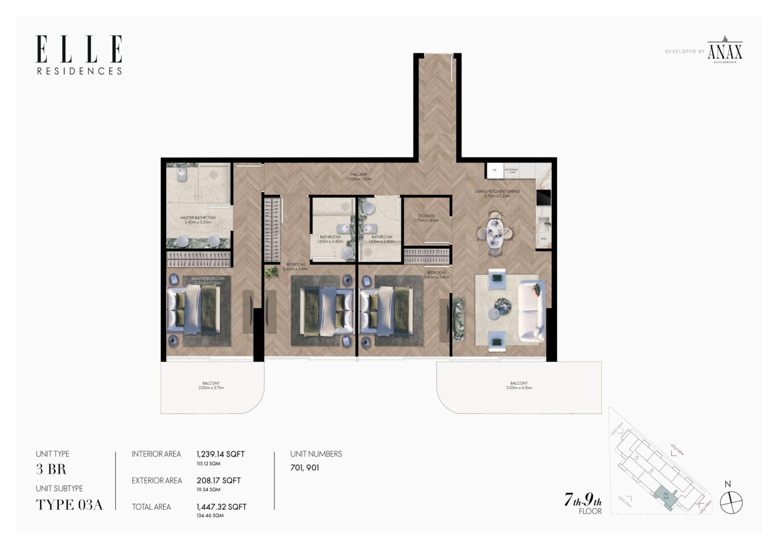 Elle Residences 3 bedroom apartment floor plan, layout 3, Dubai Islands