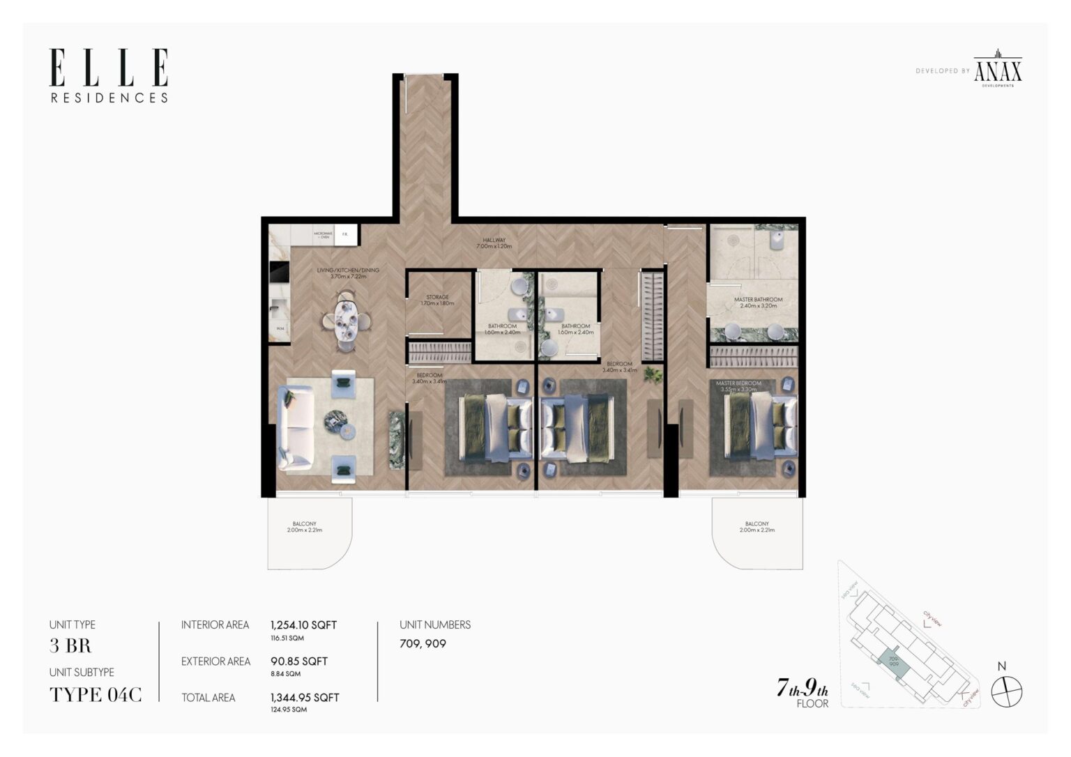 Elle Residences 3 bedroom apartment floor plan, layout 5, Dubai Islands