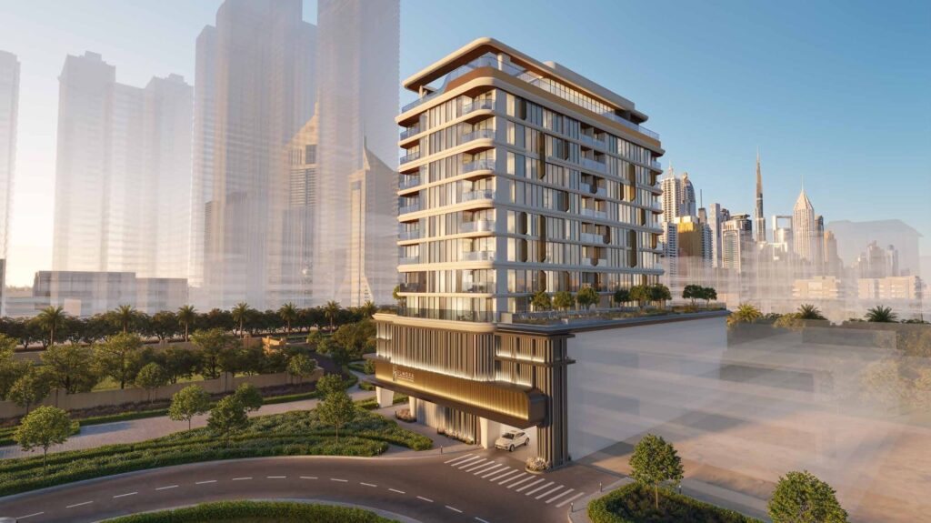 Elmora by Neoterra building with landscaped grounds and skyline, Al Wasl, Dubai