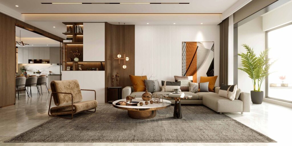 Open living room with kitchen beyond at Elmora by Neoterra, Al Wasl, Dubai