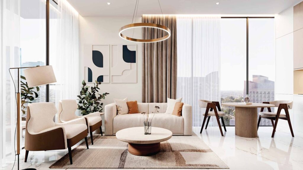 Living room with ring pendant and dining area at Elmora by Neoterra, Al Wasl, Dubai