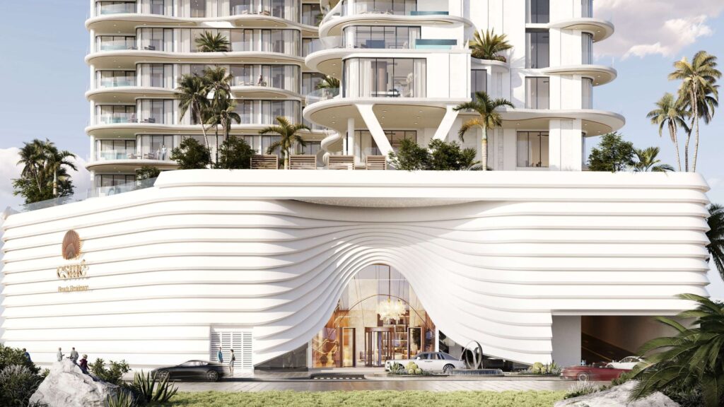 Sculpted podium entrance of Esme Beach Residences, Dubai Islands