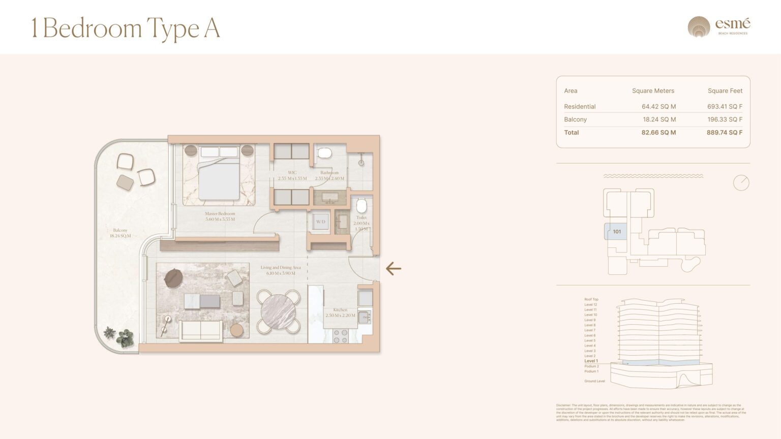 Esme Beach Residences 1 bedroom type A floor plan, Dubai Islands