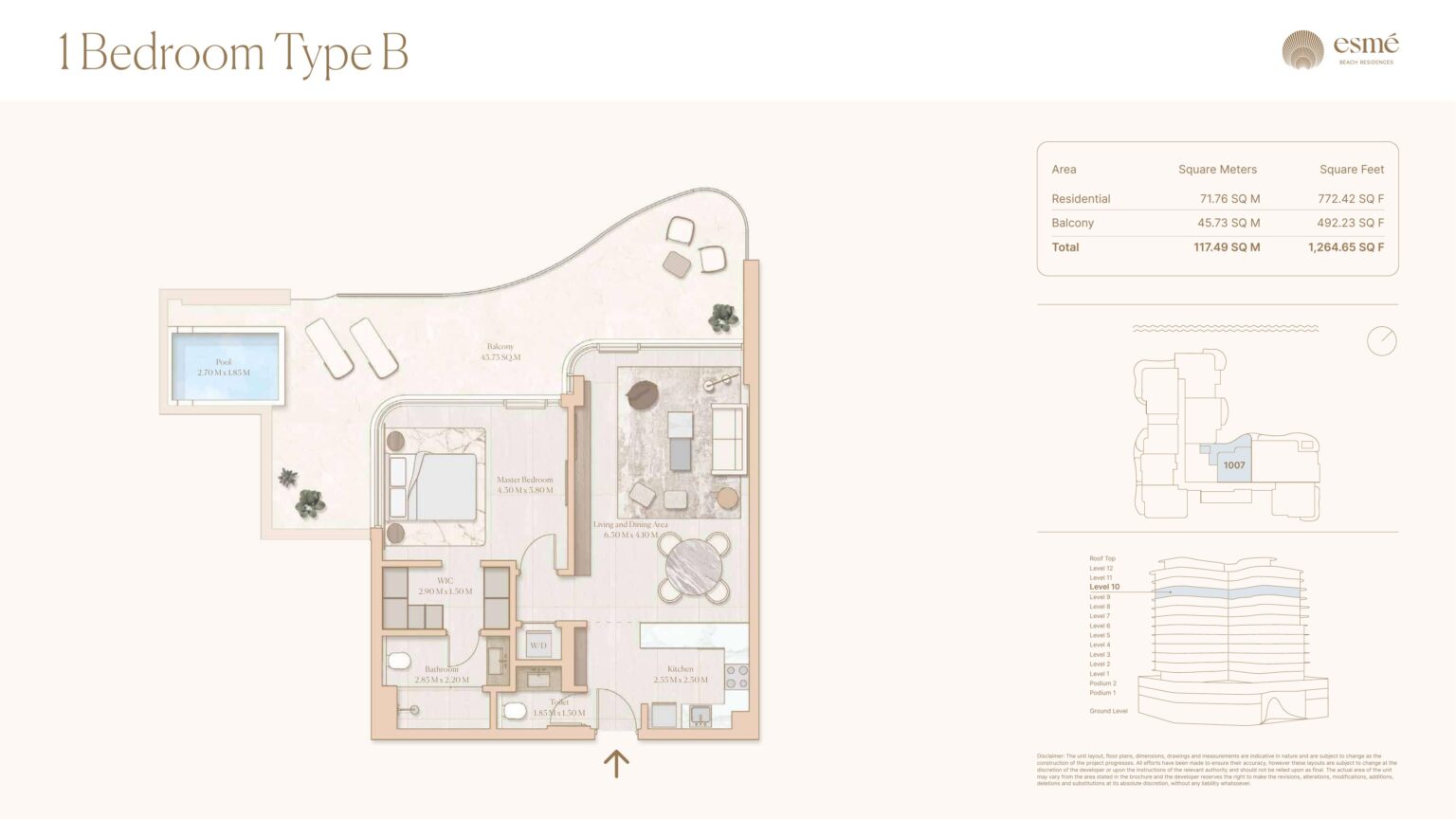Esme Beach Residences 1 bedroom type B floor plan, Dubai Islands