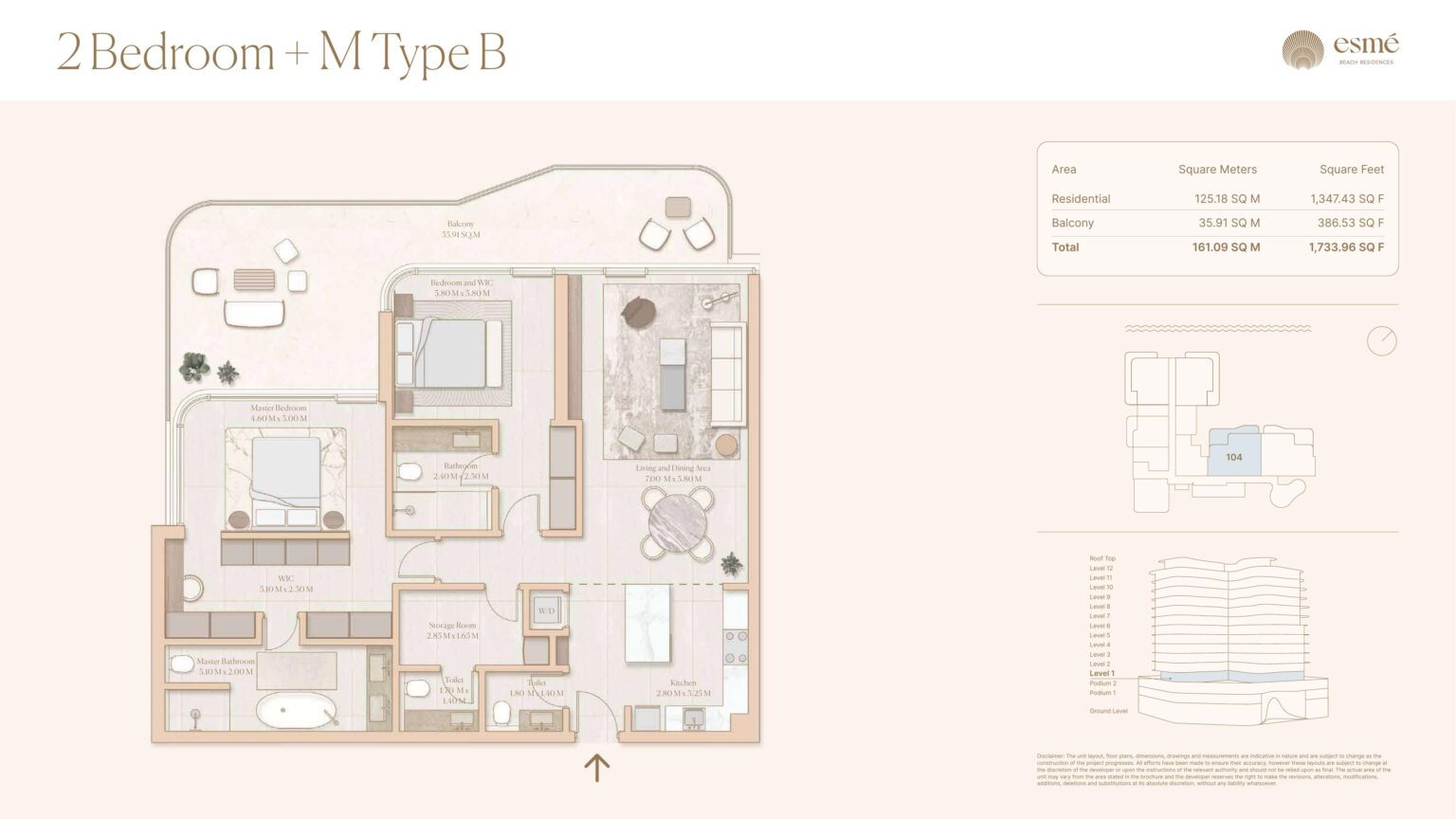 Esme Beach Residences 2 bedroom with maid's room type B floor plan, Dubai Islands