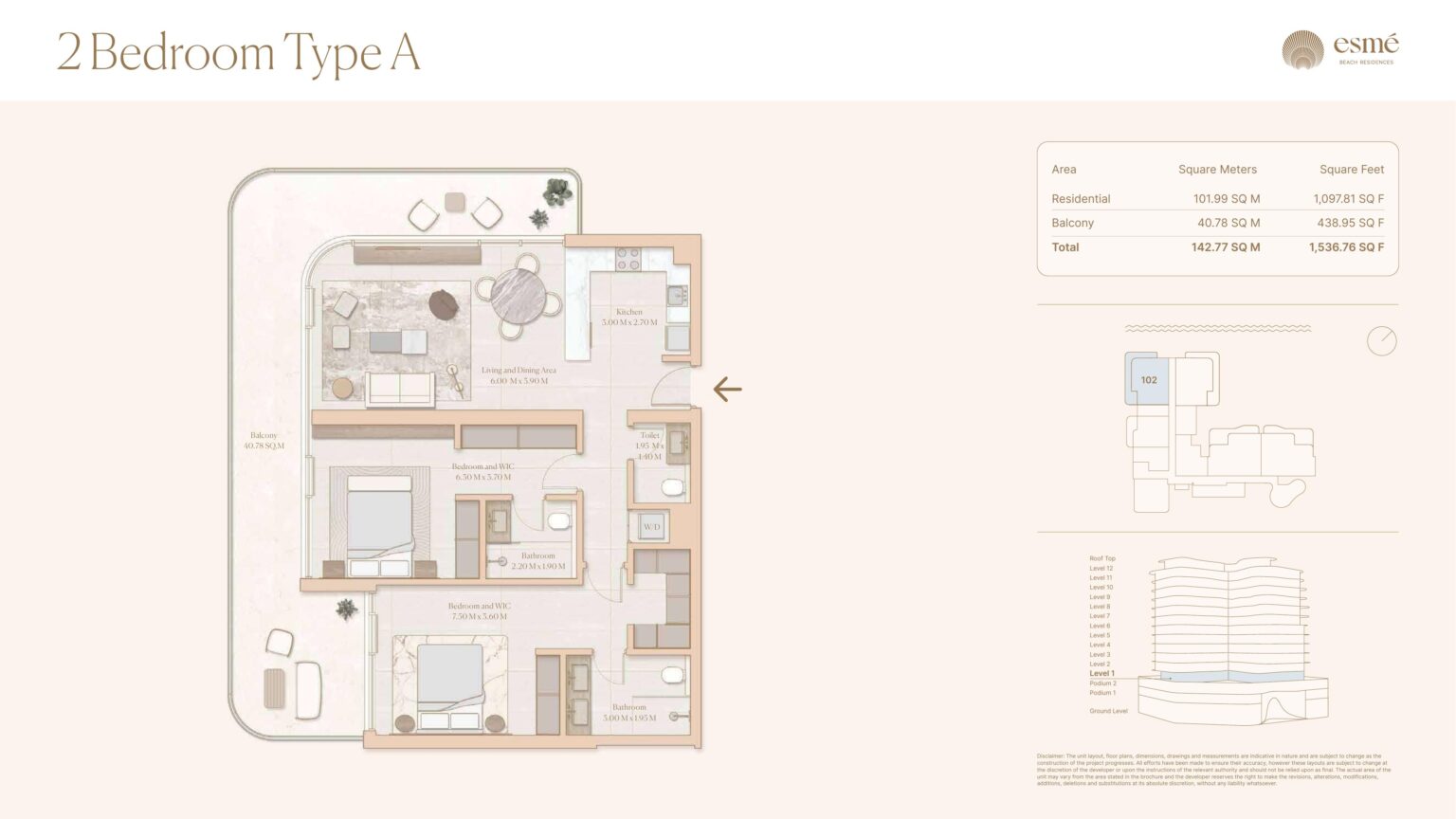 Esme Beach Residences 2 bedroom type A floor plan, Dubai Islands