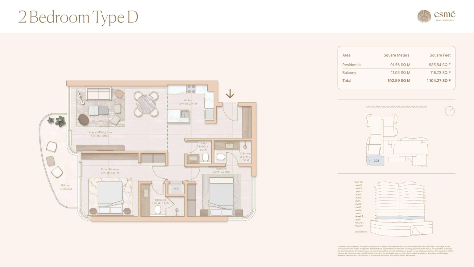 Esme Beach Residences 2 bedroom type D floor plan, Dubai Islands