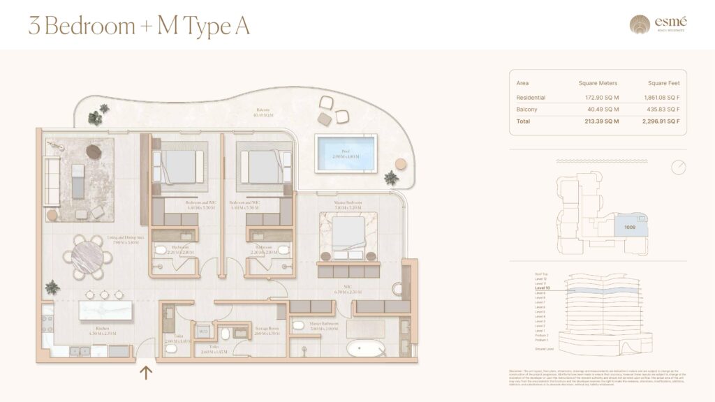Esme Beach Residences - Floorplans - 3 Bedroom + M Type A
