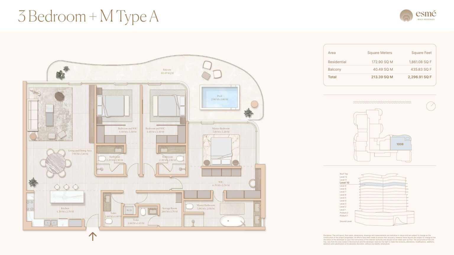 Esme Beach Residences 3 bedroom with maid's room type A floor plan, Dubai Islands
