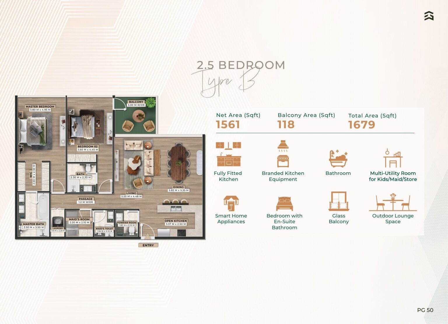 Firoza 2.5 bedroom apartment floor plan, type B, Dubai Islands