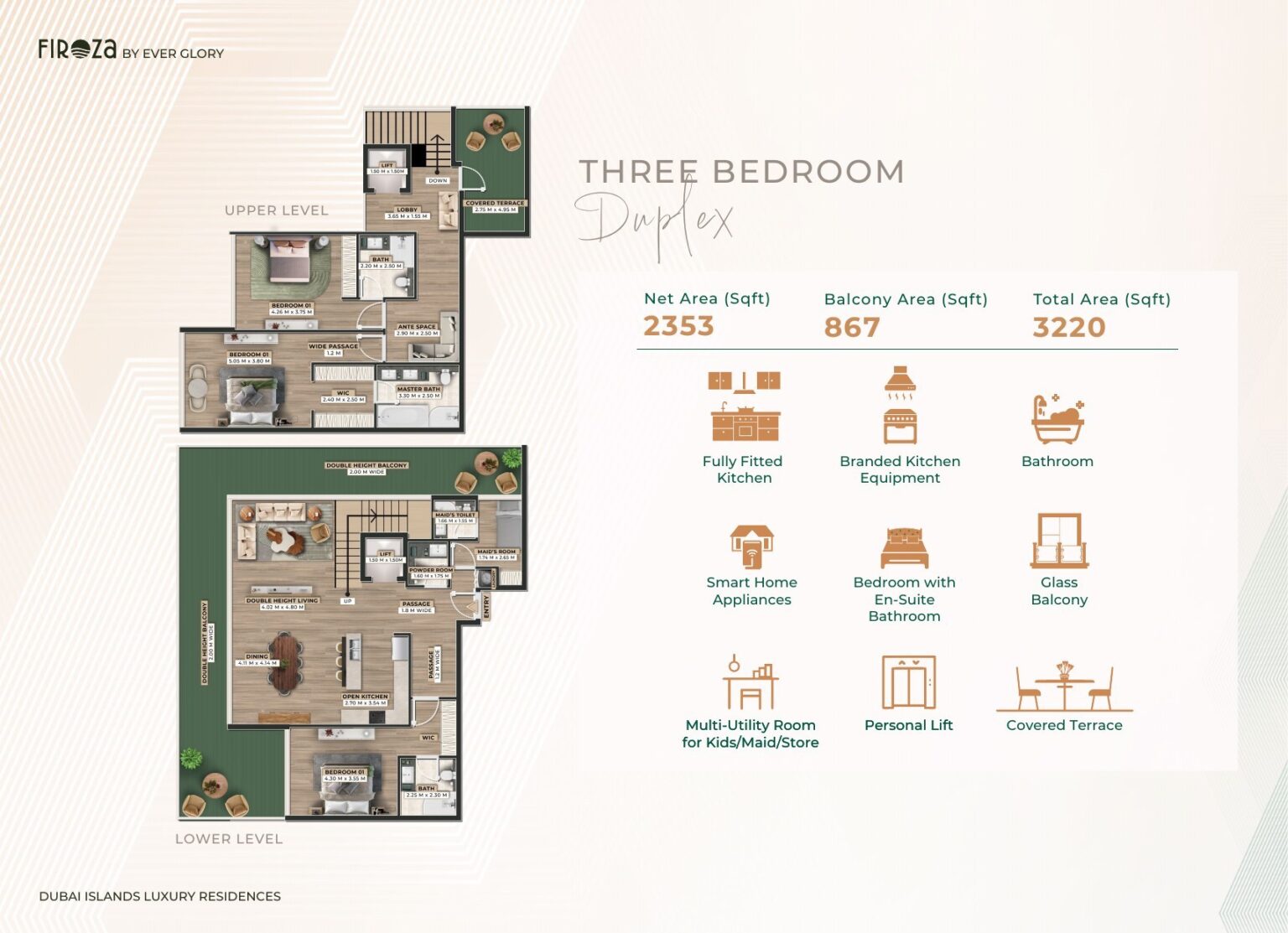 Firoza 3 bedroom duplex floor plan, upper level, Dubai Islands