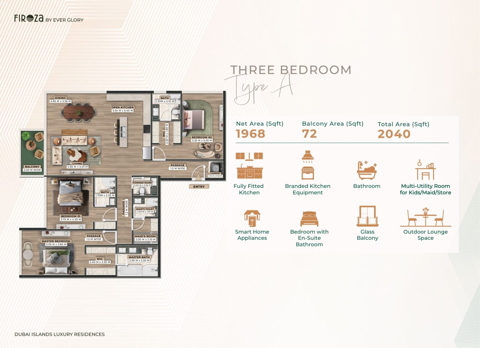 Firoza 3 bedroom apartment floor plan, type A, Dubai Islands