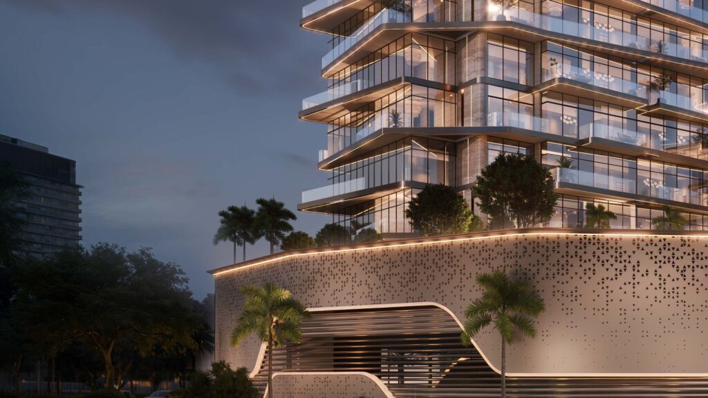 Flora Bay building with curved balconies lit at dusk, Dubai Islands