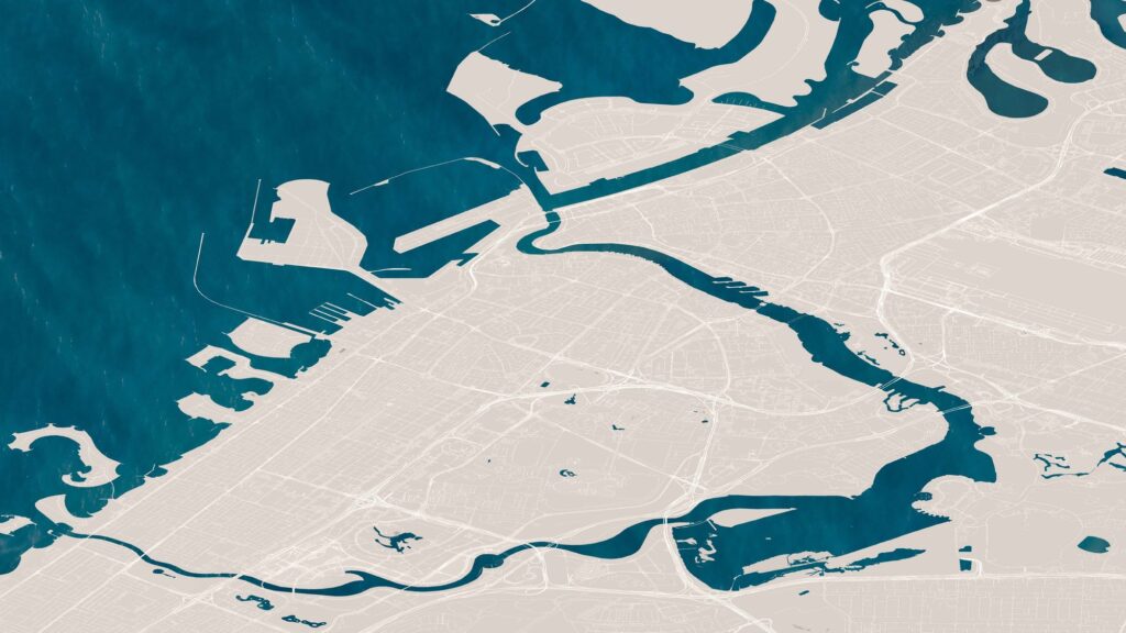 Stylised map of the Dubai coastline around Flora Bay, Dubai Islands