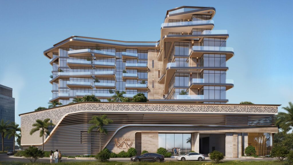 Flora Bay building with flowing balconies and palm trees, Dubai Islands