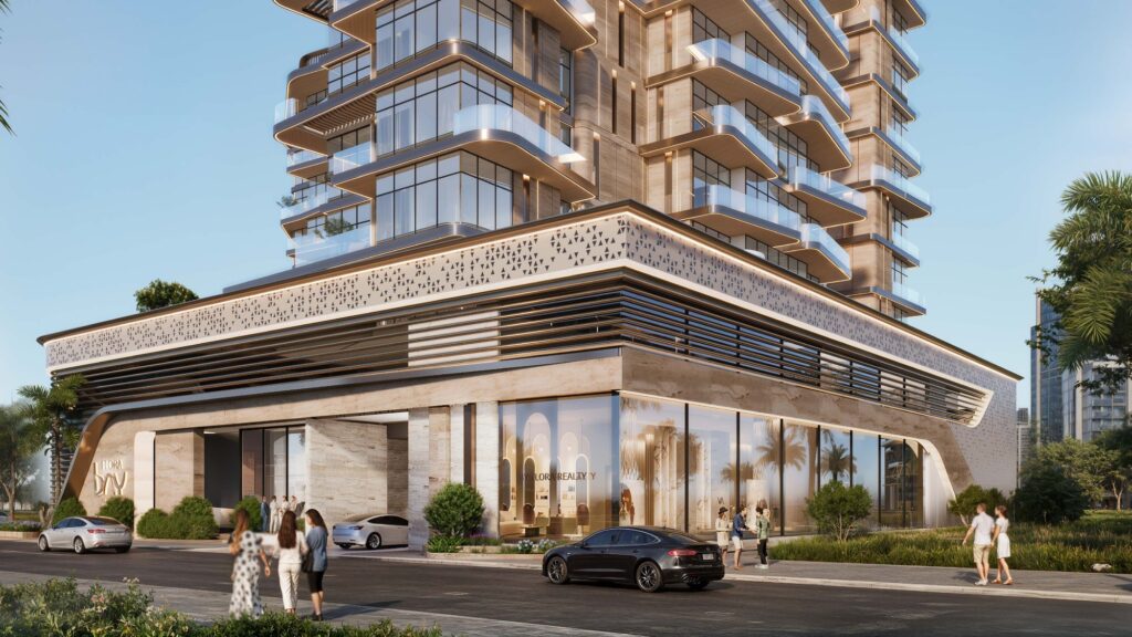 Street level entrance and podium of Flora Bay, Dubai Islands