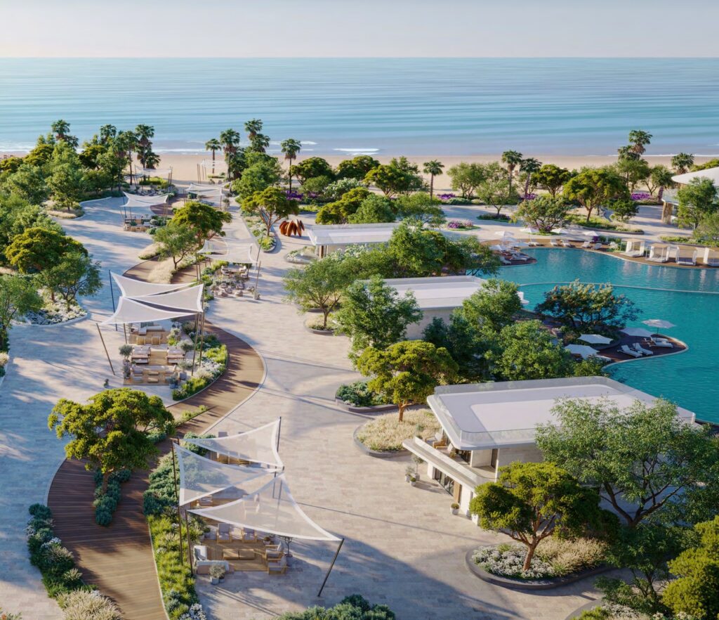 Aerial view of the HADO beachfront and lagoon on Dubai Islands