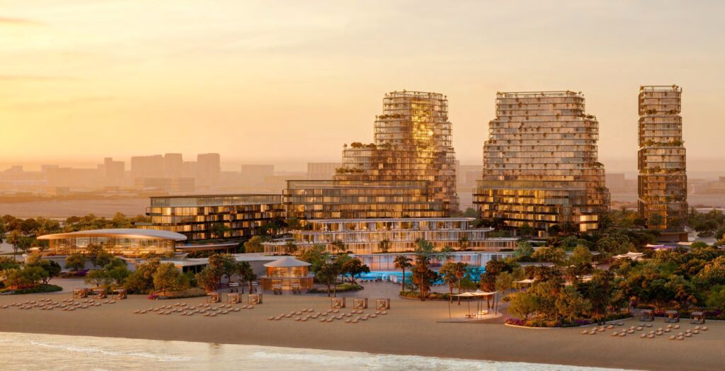 HADO towers on the Dubai Islands waterfront at sunset