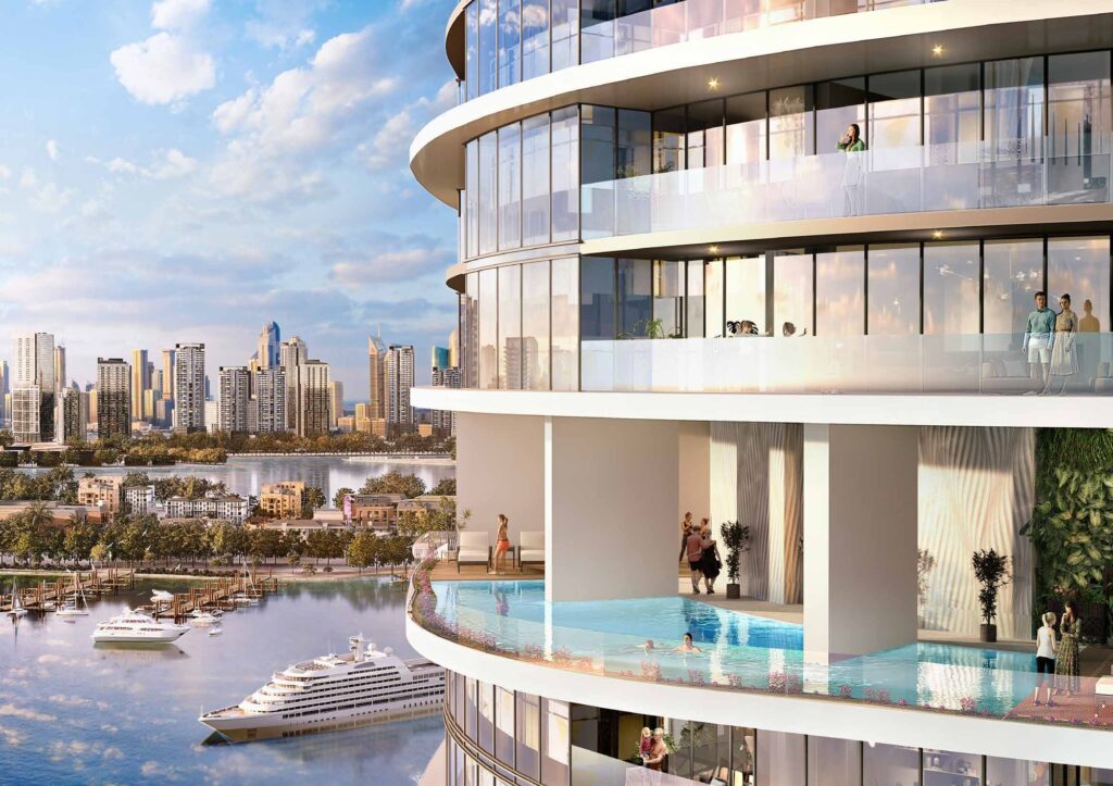 Curved balconies with private pool overlooking the harbour at Harbour Lights by DAMAC, Dubai Maritime City